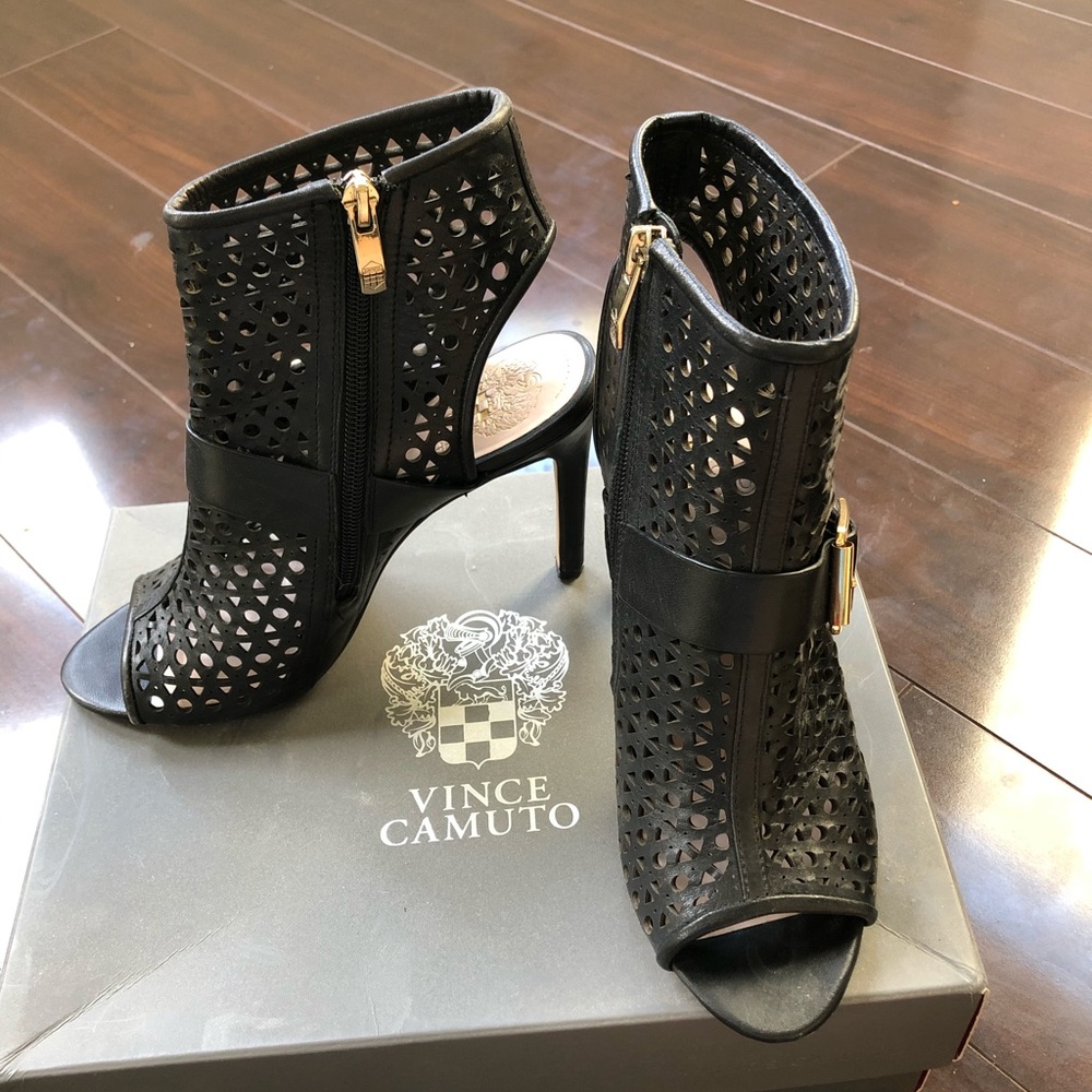 Vince Camuto open toe bootie, buckle detail